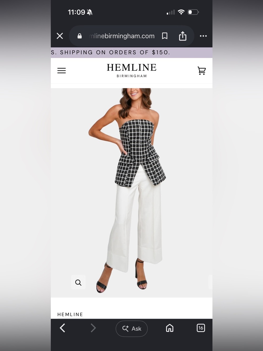 Hemline Black & White Strapless Peplum Grid Top